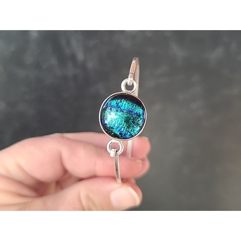 Sterling Silver 925 Dichroic Art Glass Circle Bangle Bracelet Vintage